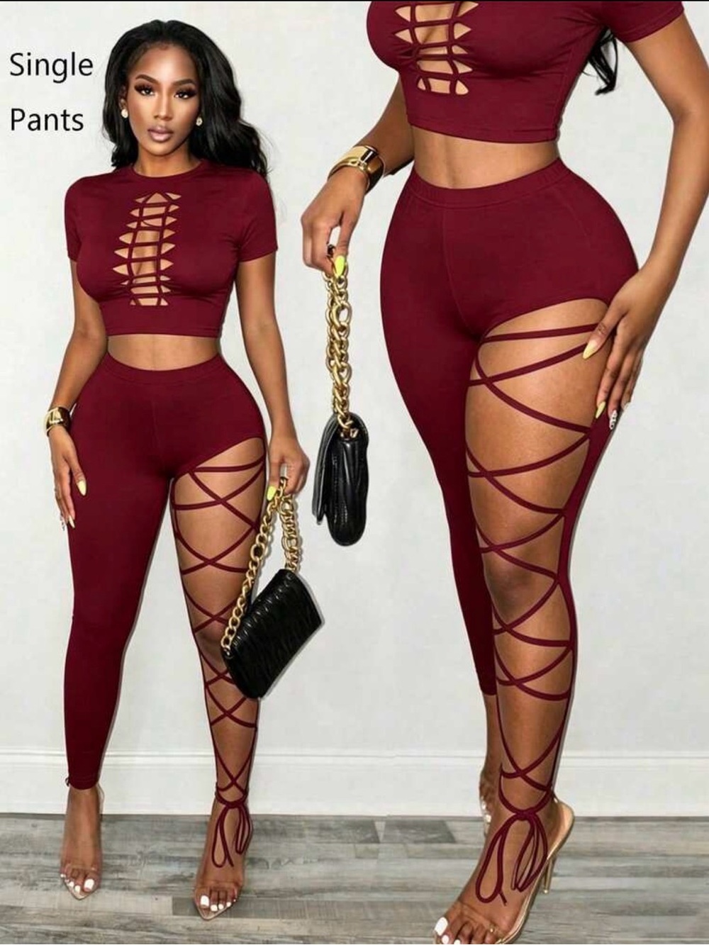 Women’s Burgundy Lace-Up Cutout High-Waist Leggings